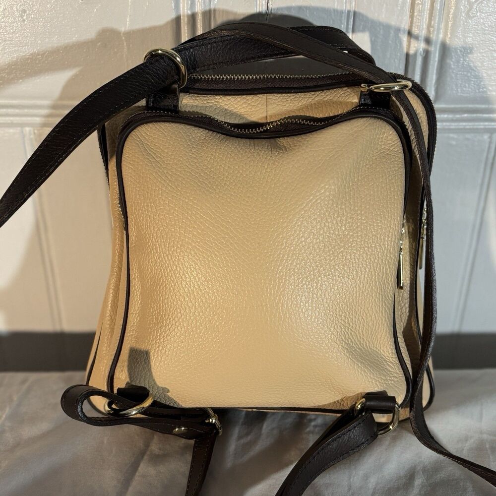 Valentina Made in Italy Genuine Leather Mini Backpack Shoulder Bag Beige - Picture 4 of 10